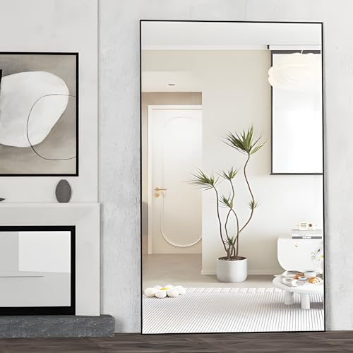 CASSILANDO 198 x 96 cm Standing Mirror, Floor Against Wall for Bedroom, Aluminum Alloy Frame, Hanging or Leaning, Full Body Mirrors for Bedroom Living Room, Black