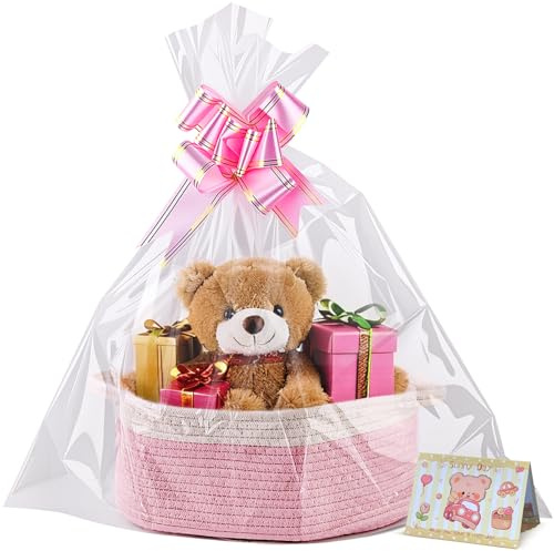 Boensi Liten Vävdekorg, 30x20x12 cm Tom presentkorg med band och presentpåse, Repkorg för julklappar, förvaring. Handtagskorg för barnrum och husdjursleksaker (Vit-Rosa)