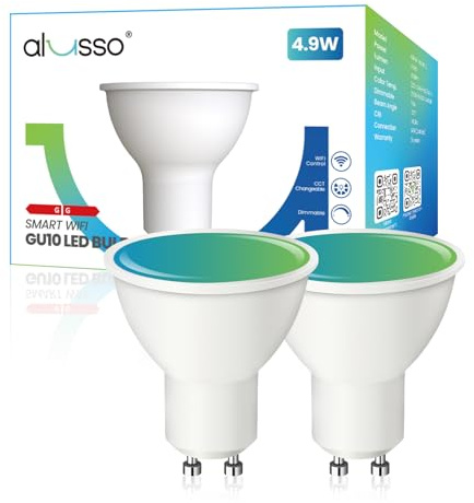 ALUSSO Smart Bulb GU10 WiFi Light, 4.9W 400LM LED 2700K-6500K RGB Multicolored Dimmable, Smart Life App Control Compatible with Alexa, No Hub Required, 2 Pack