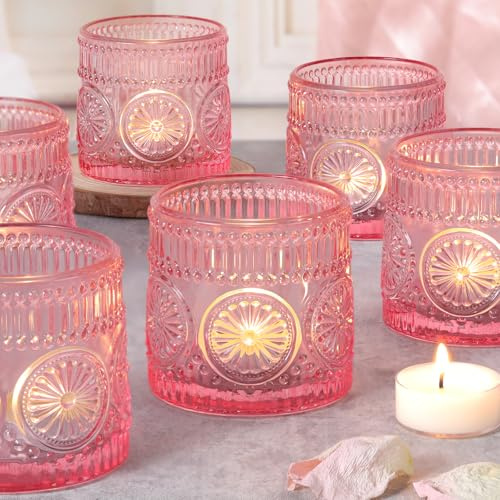 6Pcs Large Votive Candle Holders Pink Glass Tealight Candle Holders