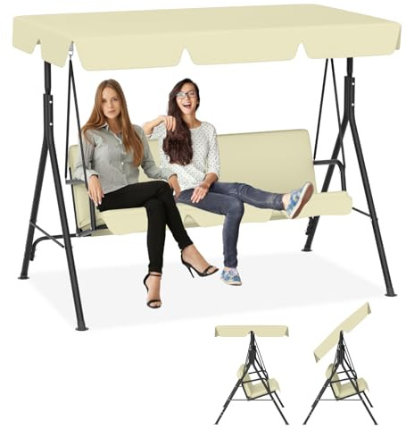 ACXIN hollywoodgunga med justerbart soltak, 193 x 110 x 152 cm trädgårdssvamp 3-sitsig, trädgårdsfåtölj väderbeständig, gungbänk för trädgård och terrass, kan belastas upp till 200 kg, beige