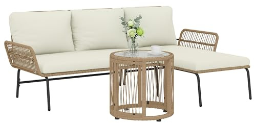 Outsunny Conjunto Jardín Exterior de Ratán con Cojines Conjunto Terraza Resistente a la Intemperie Muebles Jardín Exterior con Sofá de 2 Plazas Chaise Longue y Mesa de Tablero de Vidrio Templado Crema