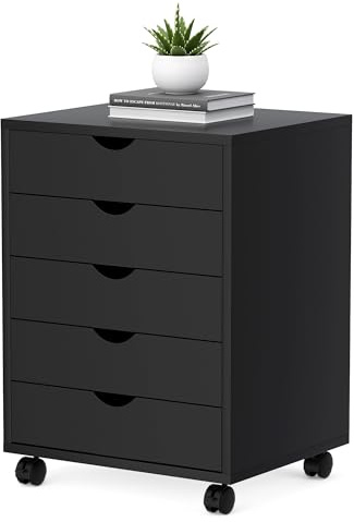 5 Drawer Mobile File Cabinet Under Desk Storage Organization with Wheels Vertical Filing Chest Rolling Wood Small Desk Printer Stand for Home Office, Black