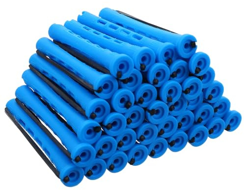 Classicseali 40 bigodini permanenti blu, con elastico, bigodini corti, per capelli corti e lunghi, senza calore, diversi capelli ricci (8,2 x 0,9 x 0,9 cm)