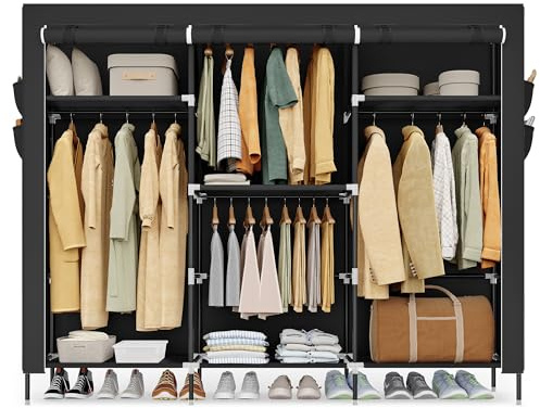 SONGMICS Armario de Ropa de Tela para Dormitorio, Armario Portátil con Barras para Colgar, Baldas y Bolsillos Laterales, Gran Capacidad, 4 Zonas para Colgar Ropa, 45 x 189 x 180 cm, Negro RYG011BZ02