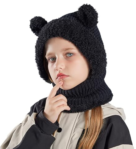 Koerye Bambini Cappello Invernali 4 a 10 Anni Carina Maglia Berretti Calda Berretto in Pile per Bambini Cappuccio a Maglia Sciarpa Copricapo Balaclava Cappello da Sci Nero