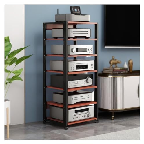 HiFi 5/7 nivåer rack med hjul, ljud-video-mediastativ, ljudhylla, skivspelbord med justerbara hyllor, för vardagsrum, sovrum och kontor (7 nivåer-svart2)