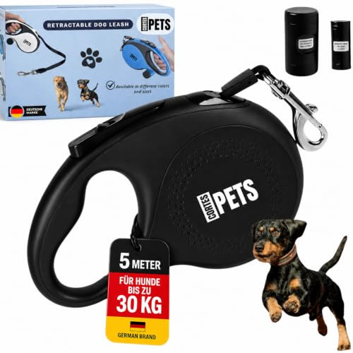 CORTES PETS rullkoppel hundkoppel 5m för stora och små hundar upp till 30 kg – utdragbart hundkoppel 5 m med bajspåse – infällbart – flexi belt – utdragbart koppel (svart, M | 5m | 30kg)
