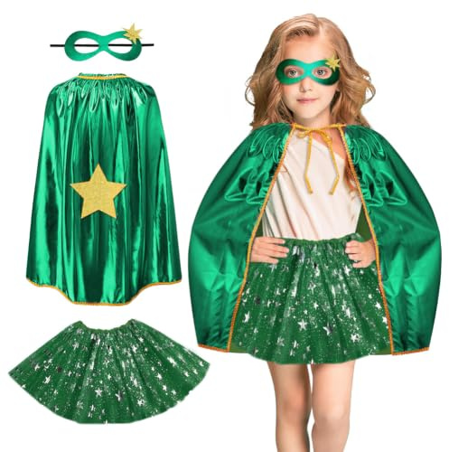 AUYAO Barnhjältedräkt komplett set med kappa och mask 3 delar superhjälteklänning för barn för karneval halloween fest cosplay superhjälte leksaker kappa för 3–12 år, 3 stycken – kjol – mörkgrön, One