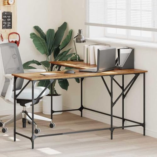 LoogCape Skrivbord gammalt trä, hörnform 149 x 149 x 75 cm trämaterial matt stålram för hemmakontor, spel, lärande, bärbar dator, PC, kontor, ordning och kabelhantering