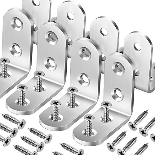 FANDAMEI 8 Sets Corner Brackets(3 mm Thickness ) - 8 Pcs 40x40mm Metal Right Angled Brackets 90 Degree L Shaped Stainless Steel Silver Corner Braces with 32 Pcs M4 Screws for Wooden Chair Table Window