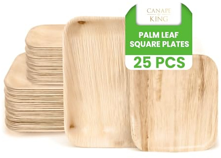 CANAPE KING | 25 assiettes carrées jetables en feuille de palmier 8”(20 cm) | Vaisselle naturelle écologique - comme le bambou, le bois, le papier, le plastique - idéal pour les mariages, Noël