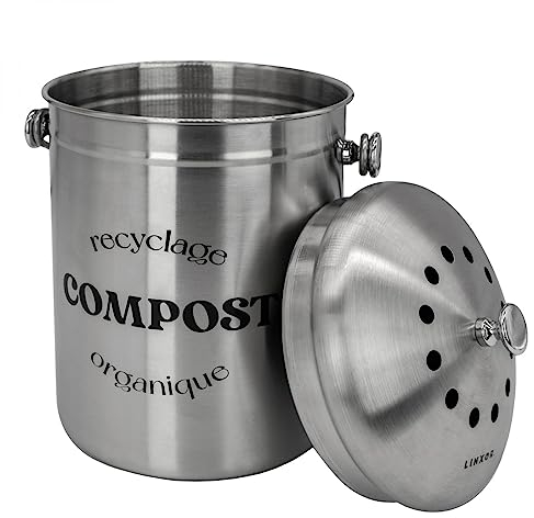 Linxor - Composteur, bac, Poubelle à Compost de Cuisine 5L Rond en INOX - Plusieurs Coloris