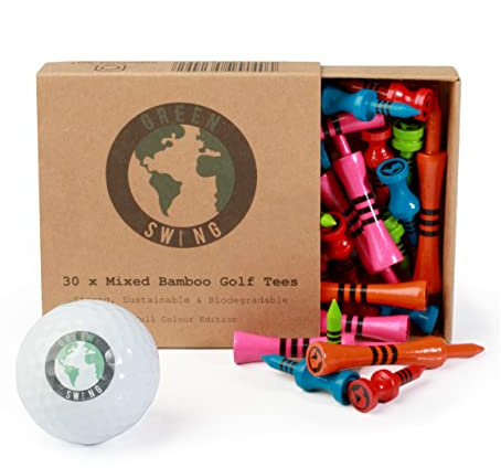 Green Swing Bamboo Golf Tees Mixed Sizes | Strong Sustainable Biodegradable | 30pcs | Full Colour Edition