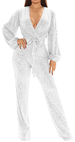 Jumpsuit Damen Elegant Langarm Glitzer-Overall Damen Elegant Festlich Hochzeit Hosenanzug Sexy V-Ausschnitt Playsuit Lang Strampler Cocktail Pailletten-Jumpsuits & Playsuits Elegante Einteiler Romper