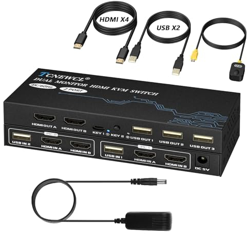 TCNEWCL Switch KVM HDMI 2 Écrans 2 PC, 4K@60Hz Commutateurs KVM 2 entrées 2 Sorties pour brancher 2 PC sur 2 écrans, USB 2.0, HDMI 2.0, HDCP2.2, avec télécommandes filaire