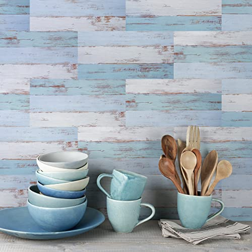 Alwayspon - Pegatinas adhesivas de vinilo para pared y suelo de 30 cm x 15 cm, 10 unidades, impermeables, autoadhesivas, para cocina y baño, diseño de azulejos, azul y turquesa