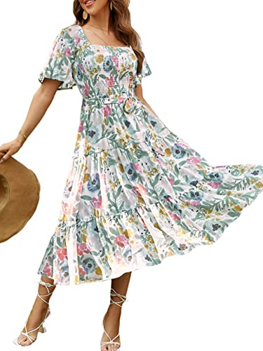 Amegoya Women's Boho Summer Floral Midi Dress Flowy Tiered Flutter Sleeve Square Neck Smocked Flower Dress (Flower XL)