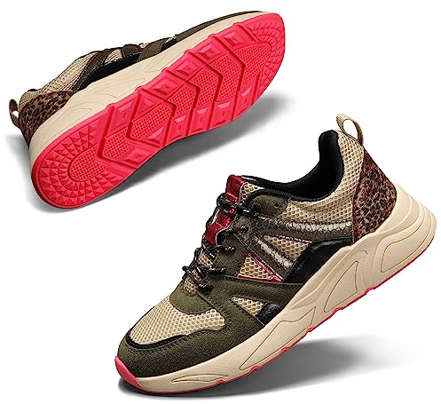 LUCKY STEP Fritidssneakers för kvinnor, platå – klassisk promenadtennis, resor, sneakers, färgglada chunky sneakers, Ny khaki beige, 38 EU