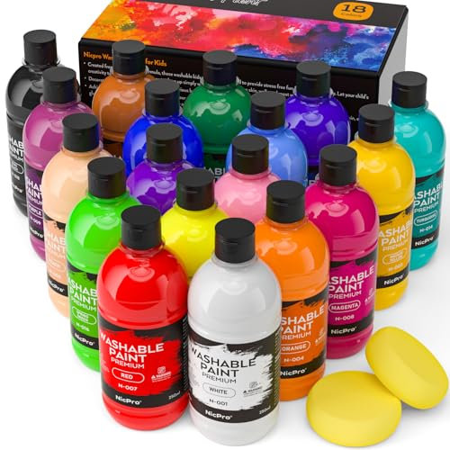 Nicpro 18 Colors Large Washable Paint Set (8.4oz,250 ml), Acrylic Bulk Supplies Non Toxic Tempera Paint for Art, Craft DIY, Poster & Finger Paint, School, Home,Classroom, Party