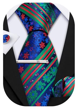 Barry.Wang Juego de 4 gemelos cuadrados de Navidad para hombre, corbata de seda, diseño de copo de nieve, Azul Verde Blanco, Taille unique