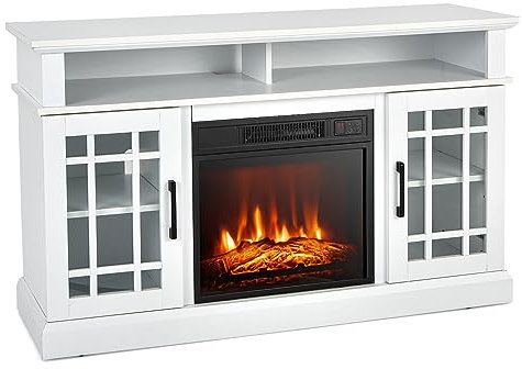GiantexUK Electric Fireplace Insert TV Stand, Living Room Wooden Console Entertainment Center with Electric Fire, Overheat Protection & Remote Control, 1800-2000W (White, 18” Fireplace, for 55” TV)