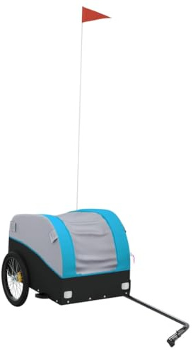 vidaXL Bike Trailer Wagon for Kids – Sturdy Iron Cargo Bicycle Cart with Safety Flag, Tow Bar, Practical Design, Black/Blue, 30 kg Max Load