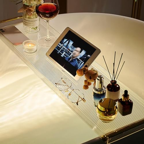 MegLob Cassy Vassoio Vasca da Bagno in Plexiglass Modellato, Lussuoso Organizzatore del Bagno Acrilico, Moderno Supporto in Vetro di Vino Portatile per Bagno, Accessori per Vasca da Bagno,90cm