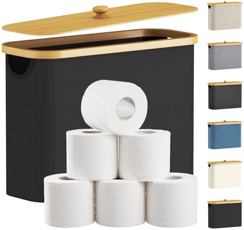 Lifewit Toilet Roll Storage, Bathroom Storage Box Holder Stand with Lid, Bamboo Multifunctional Toilet Paper Basket Cabinet with Handle, Black, 23L