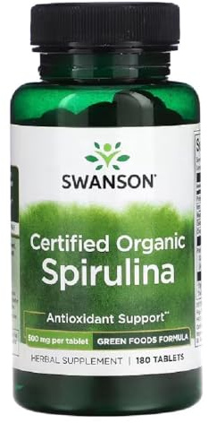 Swansons Swanson - Organic Spirulina | Alkalizing Superfood for Energy, Detox & Immune Support | 500mg - 180 Tablets