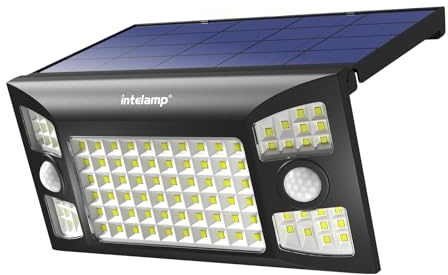 intelamp Luz Solar Exterior, 1300LM/3 Modos Focos Solares Exterior con Sensor de Movimiento, 4000mAH IP65 Impermeable Lamparas Exterior para Jardín, Garaje, Calle, Patio, Caminos (1)