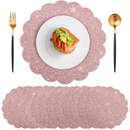 60Pcs Rose Gold Glitter Paper Placemats, 13.5 Inch Disposable Scalloped Placemat Round Sparkle Table Place Mats Decorative Paper for Mother's Day Baby Shower Tea Garden Party Wedding Birthday Banquet