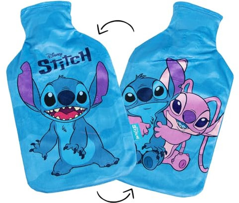 Disney Reversible Hot Water Bottles – Stitch Plush Cover – Natural Rubber 2L Capacity - Stitch/Angel Design - Reversible