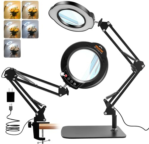 GrusTEK 10X Magnifying Glass with Light and Stand, 84 LEDs 2 in 1 Magnifier Lamp with Clamp and 5 Color Stepless Dimmable Modes for Hands Free Reading Sewing Crafts Repair and Close Work