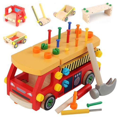 Cassetta Attrezzi Bambini Giochi in Legno, 62 Pcs Giocattolo Legno Costruzioni per Bambino, Giocattoli Attrezzi Educativi Giocos, Giochi Montessori Educativi Regalo 3 4 5 6 Anni, Camion dei Pompieri