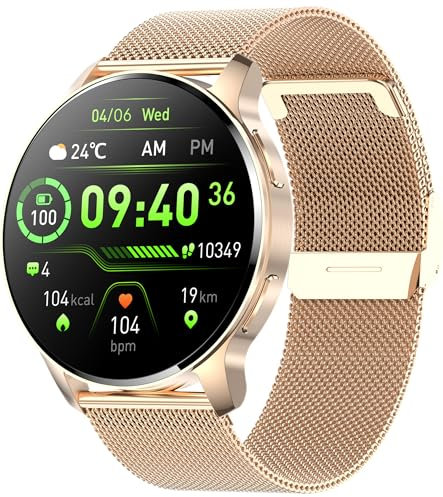 Iaret Montre Connectée Femme avec 3 Bracelets, 1,27 Écran AMOLED Always-on, Appel Bluetooth, 120+ Modes Sport, SpO2/Cardio/Sommeil, Smartwatch Ronde pour Android iOS, Cadeau (Or Rouge)