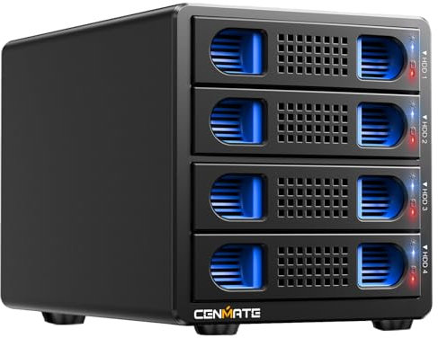 CENMATE 4 Bay Festplattengehäuse mit Lüfter für 2.5/3.5“ SATA HDD/SSD mit USB A/C 3.0＋eSATA Kabel, 3.5 Festplattenleser Unterstützt Hot-Swapping, 80TB Kapazität DAS(NO RAID/NAS)