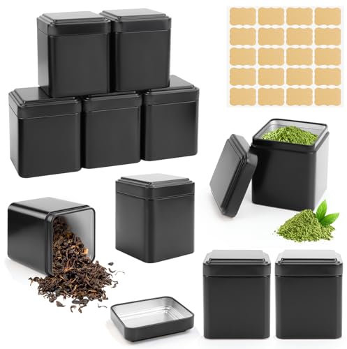 NCTNCX 10 Stück klassische eckige Teedose, 7 x 7 x 8.5 cm Teedose metall, Teedosen für losen tee, inkl 20 Etiketten | Vorratsdosen schwarz, auch ideal als Mehl- oder Gewürzdose (10)