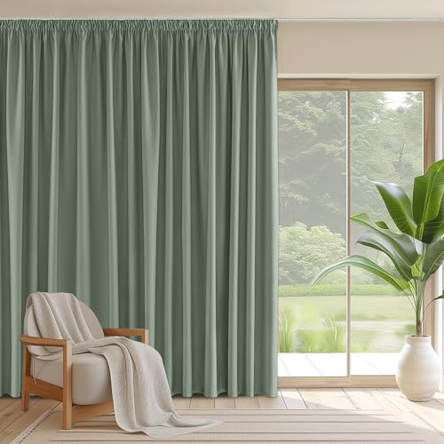 PONY DANCE Extra Long Thermal Blackout Curtain - Sage Green Room Divider Curtain with Hooks for Bedroom, Pencil Pleat Drape for Hotel Living Room, 1 Panel, 79 x 102 Inch