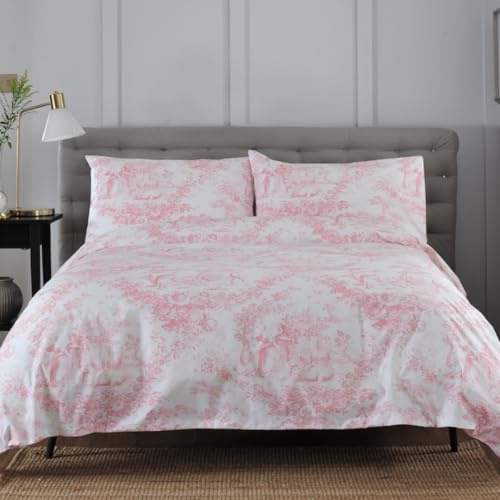 The Lyndon Company Toile De Jouy 100% Cotton Duvet Cover Set with Pillowcases, 200 Thread Count, Vintage French Bedding, Blue or Pink, Button Fastening, Soft & Breathable, All UK Sizes [PI-Ki]