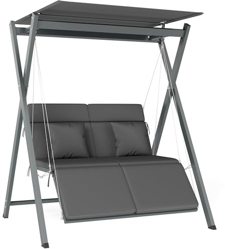 Outsunny Columpio de Jardín Exterior de 2 Plazas Balancín de Jardín Exterior con Protección UV30+ Toldo Ajustable y Cojines Convertible en Cama Carga 220 kg 142x130x168 cm Gris Oscuro