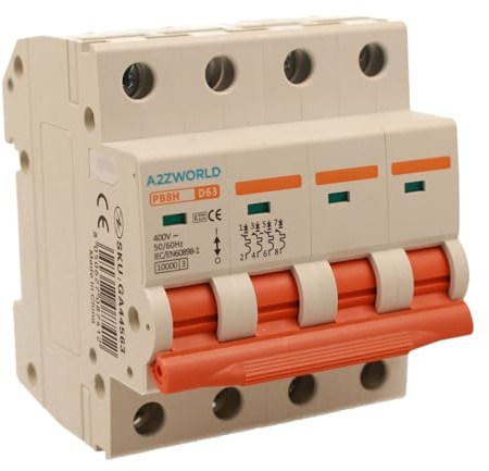 Interrupteur magnétothermique triphasé 4P 63A D63, courbe D 10 kA, 4 modules DIN 380 V AC, certifié IEC60898-1, série PB8H professionnelle