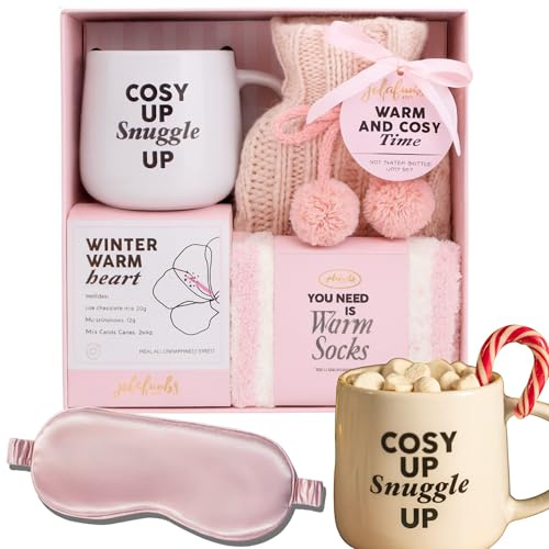 Hot Water Bottle Gift Set – Hot Chocolate Gift Set with Mug, Knitted Cosy, Sleeping Mask, Fluffy Socks, Marshmallows Candy Canes Christmas Gifts for Women & Men, Mum & Dad - Pink Gifts Xmas Presents
