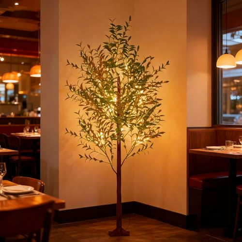 YRHome Albero di ulivo artificiale luminoso 120 cm con 180 LED - Albero luminoso con prese di corrente, rami di fiori e luce bianca calda per decorazione natalizia, soggiorno