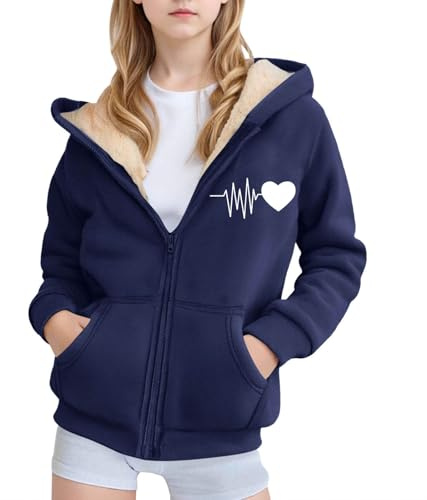 Generisch Sudadera para niña, ropa para niños, ropa informal, deportiva, chaqueta de invierno con cremallera, estampado de forro polar, abrigo deportivo para niños pequeños y adolescentes, azul oscuro