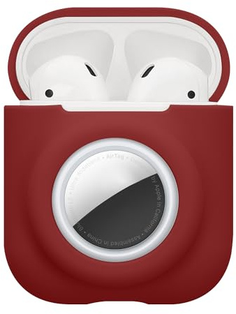 kwmobile 2-i-1 skyddsfodral för Apple Airpods 1 & 2 fodral – hörlurar silikon fodral kompatibelt med AirTag – stötsäkert fodral med karbinhake – Bordeaux