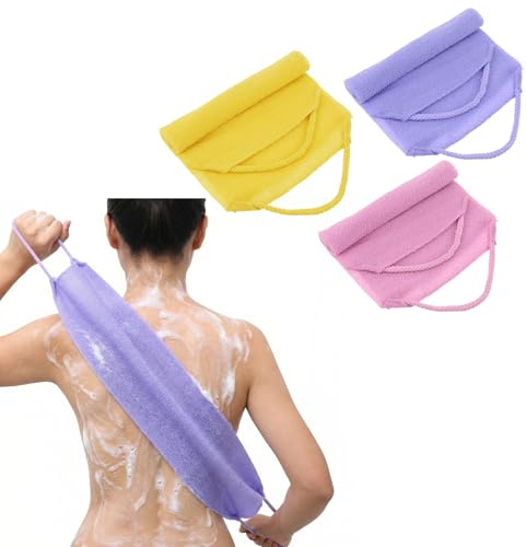Ensemble de 3 pièces pour l'exfoliation du dos avec poignées, gant de toilette exfoliant double face, serviette de douche, gant de toilette extensible pour le dos pour femmes et hommes, bain/douche