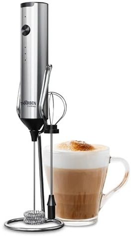 Thörben Espumador y Batidor 2-en-1, Inalámbrico, Acero Inoxidable, USB-C Recargable, 3 Velocidades con LED, 2 Cabezales Intercambiables, Base Soporte, para Café y Repostería