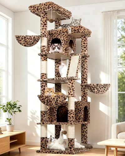 Globlazer S80G klösträd leopard stabil XXL 204 cm för 3–5 stora katter | Extra stor, flera våningar, kattträd med 2 extra stor vadderad plattform, 2 katthus, 3 hängkorgar, sisalklösbräda