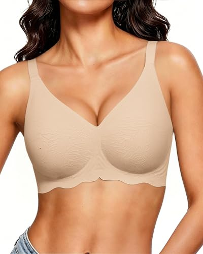 Happriue Jelly Bras for Women, Embroidered Gel Bra, Seamless Deep V Comfort | Non Wired Support Wireless Soft Bra, Ladies T Shirt Bralettes